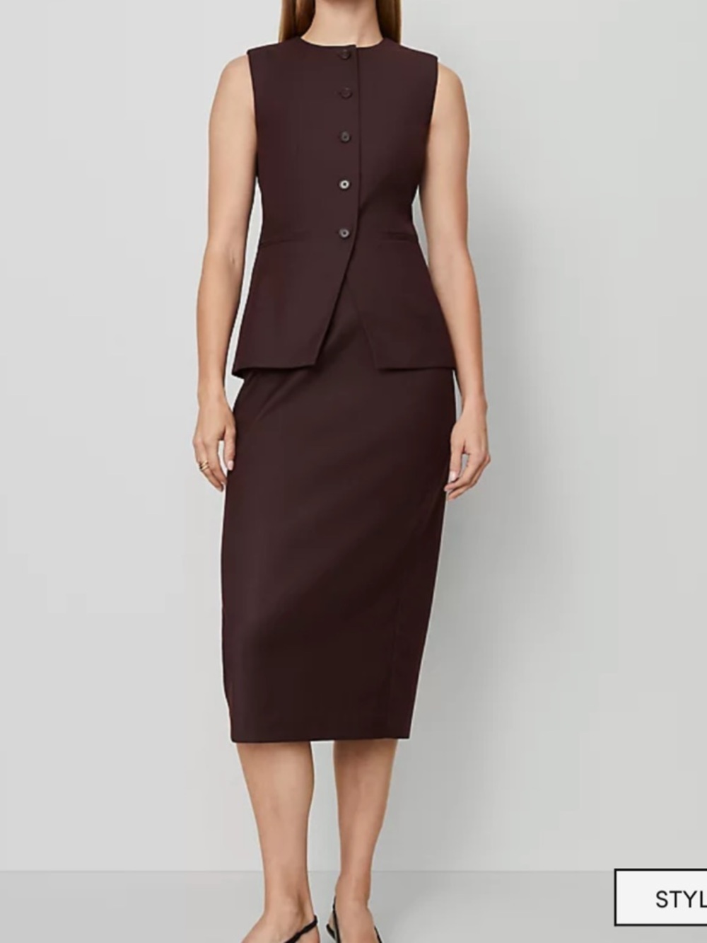 New Set Office Burgundy Sleeveless Buttoned Vest Top & Skirt